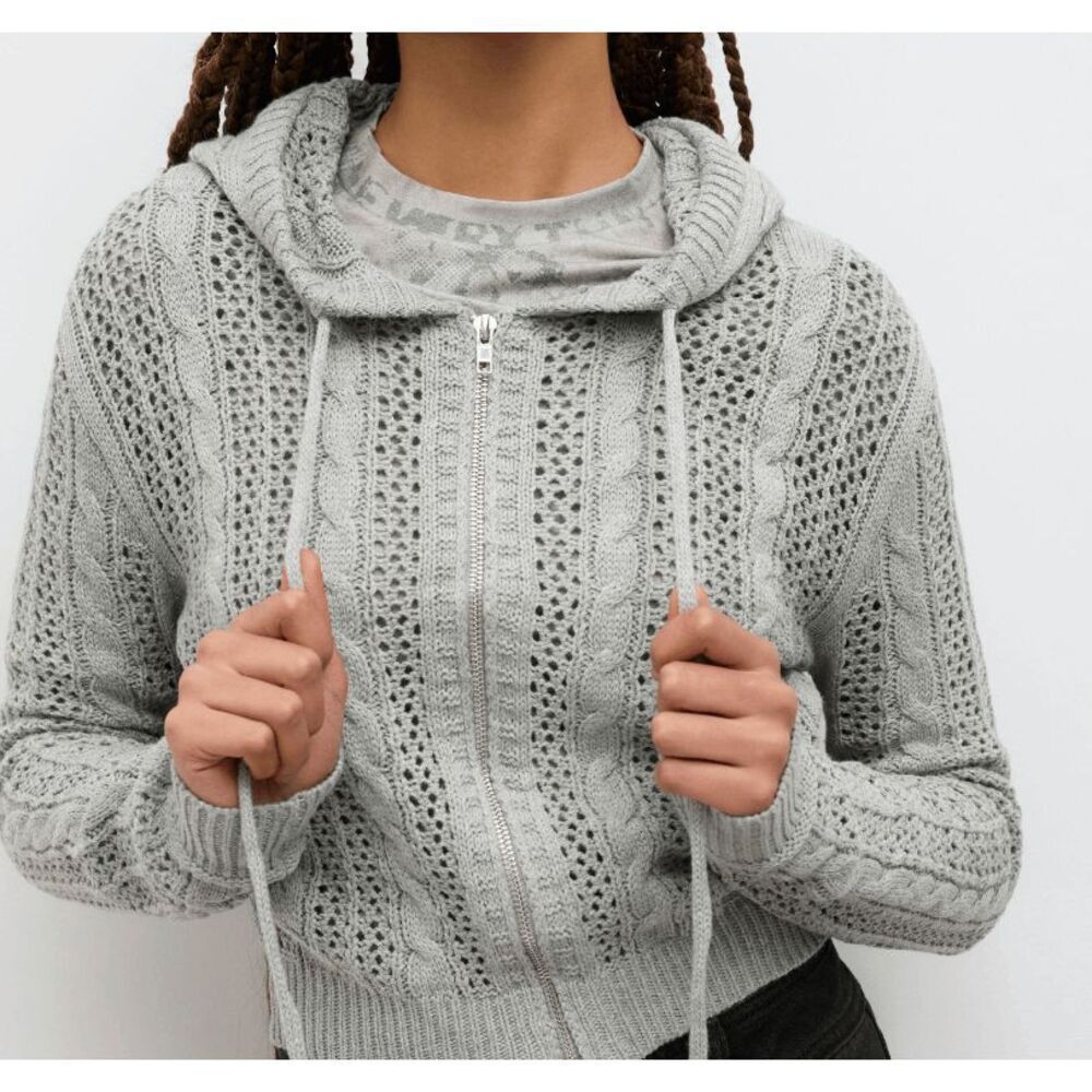 Cider Knit Hooded‎ Zipper Hollow Out Cardigan Gray Open Knit Size XS